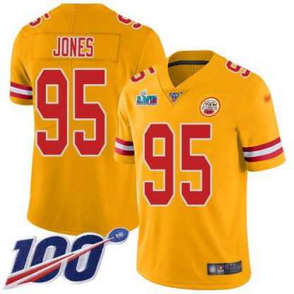 Nike Kansas City Chiefs #95 Chris Jones Gold Super Bowl LVII Patch Youth Stitched NFL Limited Inverted Legend 100th Season Jersey