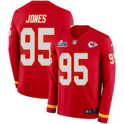 Nike Kansas City Chiefs #95 Chris Jones Red Team Color Super Bowl LVII Patch Youth Stitched NFL Limited Therma Long Sleeve Jersey