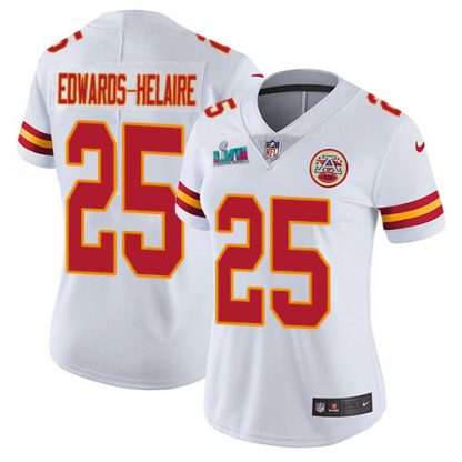Nike Kansas City Chiefs #25 Clyde Edwards-Helaire White Super Bowl LVII Patch Women's Stitched NFL Vapor Untouchable Limited Jersey