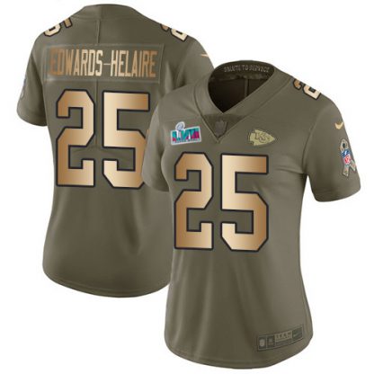 Nike Kansas City Chiefs #25 Clyde Edwards-Helaire Olive/Gold Super Bowl LVII Patch Women's Stitched NFL Limited 2017 Salute To Service Jersey