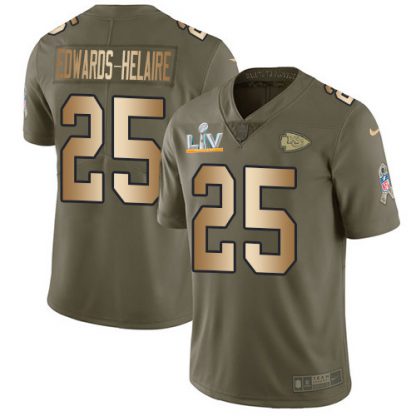 Nike Kansas City Chiefs #25 Clyde Edwards-Helaire Olive/Gold Youth Super Bowl LV Bound Stitched NFL Limited 2017 Salute To Service Jersey
