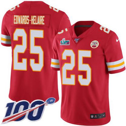 Nike Kansas City Chiefs #25 Clyde Edwards-Helaire Red Team Color Super Bowl LVII Patch Youth Stitched NFL 100th Season Vapor Limited Jersey