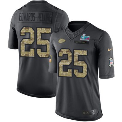 Nike Kansas City Chiefs #25 Clyde Edwards-Helaire Black Super Bowl LVII Patch Men's Stitched NFL Limited 2016 Salute to Service Jersey