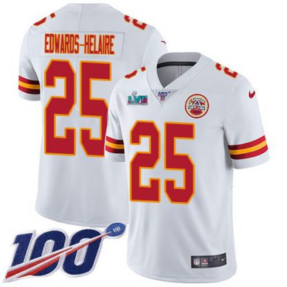 Nike Kansas City Chiefs #25 Clyde Edwards-Helaire White Super Bowl LVII Patch Men's Stitched NFL 100th Season Vapor Limited Jersey