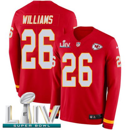 Nike Kansas City Chiefs #26 Damien Williams Red Super Bowl LIV 2020 Team Color Men's Stitched NFL Limited Therma Long Sleeve Jersey