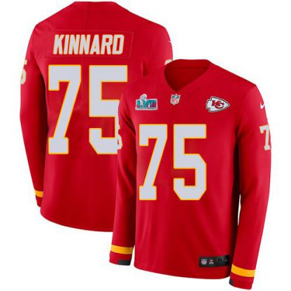 Nike Kansas City Chiefs #75 Darian Kinnard Red Team Color Super Bowl LVII Patch Youth Stitched NFL Limited Therma Long Sleeve Jersey