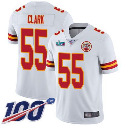 Nike Kansas City Chiefs #55 Frank Clark White Super Bowl LVII Patch Youth Stitched NFL 100th Season Vapor Limited Jersey