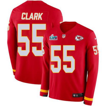 Nike Kansas City Chiefs #55 Frank Clark Red Team Color Super Bowl LVII Patch Men's Stitched NFL Limited Therma Long Sleeve Jersey