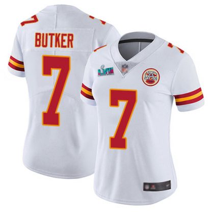 Nike Kansas City Chiefs #7 Harrison Butker White Super Bowl LVII Patch Women's Stitched NFL Vapor Untouchable Limited Jersey