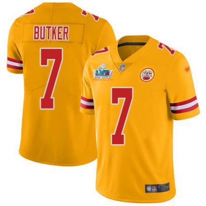 Nike Kansas City Chiefs #7 Harrison Butker Gold Super Bowl LVII Patch Youth Stitched NFL Limited Inverted Legend Jersey
