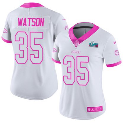 Nike Kansas City Chiefs #35 Jaylen Watson White/Pink Super Bowl LVII Patch Women's Stitched NFL Limited Rush Fashion Jersey