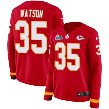 Nike Kansas City Chiefs #35 Jaylen Watson Red Team Color Super Bowl LVII Patch Women's Stitched NFL Limited Therma Long Sleeve Jersey