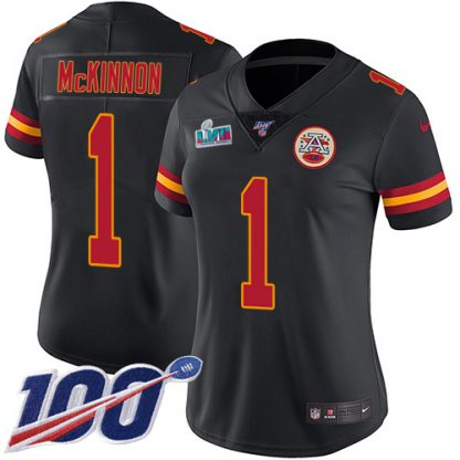 Nike Kansas City Chiefs #1 Jerick McKinnon Black Super Bowl LVII Patch Women's Stitched NFL Limited Rush 100th Season Jersey