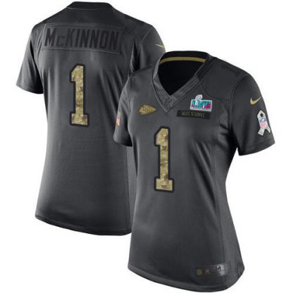 Nike Kansas City Chiefs #1 Jerick McKinnon Black Super Bowl LVII Patch Women's Stitched NFL Limited 2016 Salute to Service Jersey