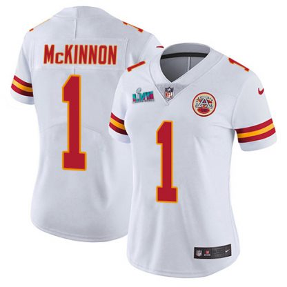 Nike Kansas City Chiefs #1 Jerick McKinnon White Super Bowl LVII Patch Women's Stitched NFL Vapor Untouchable Limited Jersey