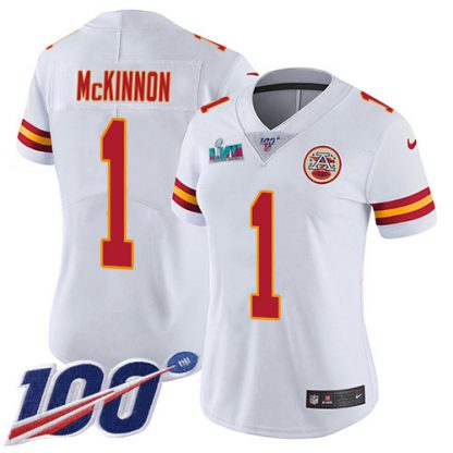 Nike Kansas City Chiefs #1 Jerick McKinnon White Super Bowl LVII Patch Women's Stitched NFL 100th Season Vapor Limited Jersey