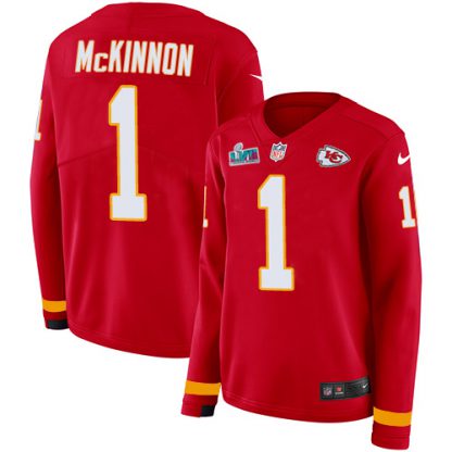 Nike Kansas City Chiefs #1 Jerick McKinnon Red Team Color Super Bowl LVII Patch Women's Stitched NFL Limited Therma Long Sleeve Jersey