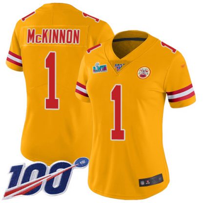 Nike Kansas City Chiefs #1 Jerick McKinnon Gold Super Bowl LVII Patch Women's Stitched NFL Limited Inverted Legend 100th Season Jersey