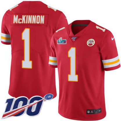 Nike Kansas City Chiefs #1 Jerick McKinnon Red Team Color Super Bowl LVII Patch Youth Stitched NFL 100th Season Vapor Limited Jersey