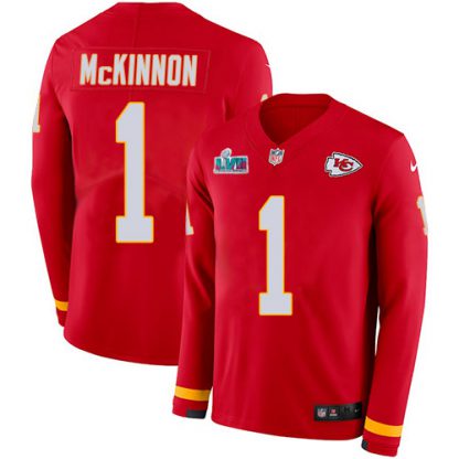 Nike Kansas City Chiefs #1 Jerick McKinnon Red Team Color Super Bowl LVII Patch Youth Stitched NFL Limited Therma Long Sleeve Jersey
