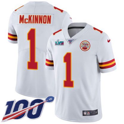 Nike Kansas City Chiefs #1 Jerick McKinnon White Super Bowl LVII Patch Youth Stitched NFL 100th Season Vapor Limited Jersey