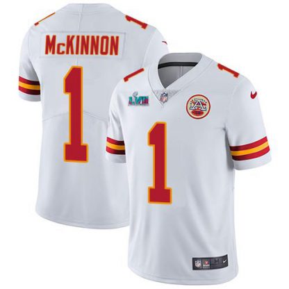 Nike Kansas City Chiefs #1 Jerick McKinnon White Super Bowl LVII Patch Men's Stitched NFL Vapor Untouchable Limited Jersey