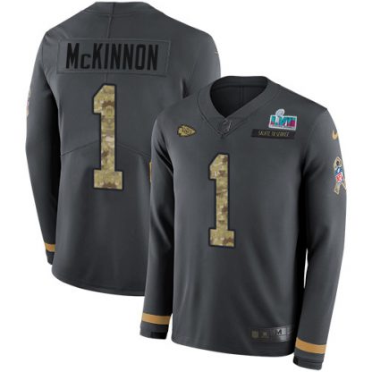 Nike Kansas City Chiefs #1 Jerick McKinnon Anthracite Salute to Service Super Bowl LVII Patch Men's Stitched NFL Limited Therma Long Sleeve Jersey