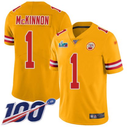 Nike Kansas City Chiefs #1 Jerick McKinnon Gold Super Bowl LVII Patch Men's Stitched NFL Limited Inverted Legend 100th Season Jersey