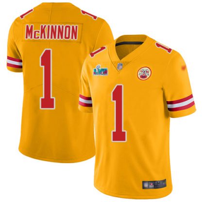 Nike Kansas City Chiefs #1 Jerick McKinnon Gold Super Bowl LVII Patch Men's Stitched NFL Limited Inverted Legend Jersey