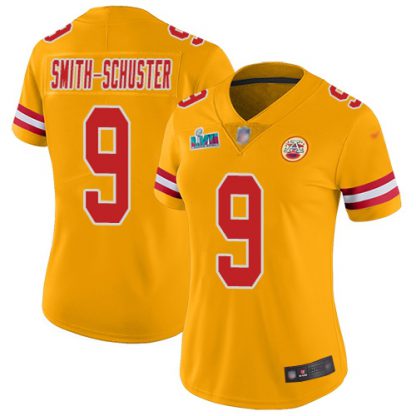 Nike Kansas City Chiefs #9 JuJu Smith-Schuster Gold Super Bowl LVII Patch Women's Stitched NFL Limited Inverted Legend Jersey