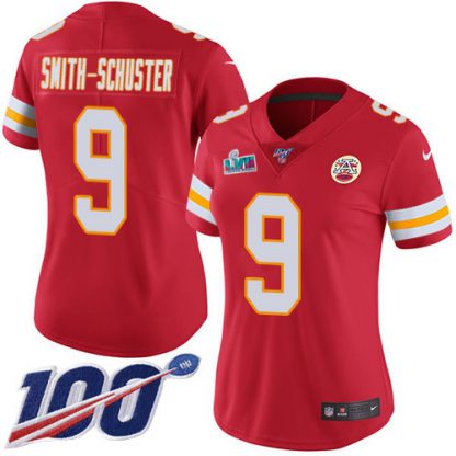 Nike Kansas City Chiefs #9 JuJu Smith-Schuster Red Team Color Super Bowl LVII Patch Women's Stitched NFL 100th Season Vapor Limited Jersey