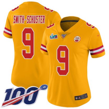 Nike Kansas City Chiefs #9 JuJu Smith-Schuster Gold Super Bowl LVII Patch Women's Stitched NFL Limited Inverted Legend 100th Season Jersey