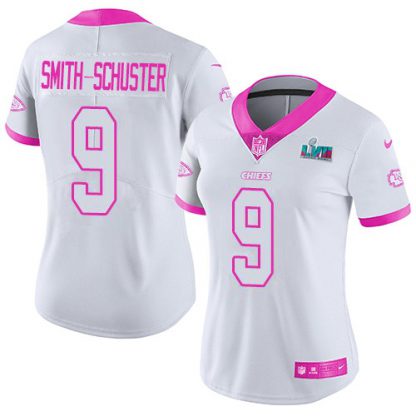 Nike Kansas City Chiefs #9 JuJu Smith-Schuster White/Pink Super Bowl LVII Patch Women's Stitched NFL Limited Rush Fashion Jersey