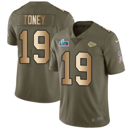 Nike Kansas City Chiefs #19 Kadarius Toney Olive/Gold Super Bowl LVII Patch Men's Stitched NFL Limited 2017 Salute To Service Jersey
