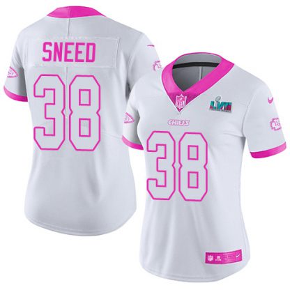 Nike Kansas City Chiefs #38 L'Jarius Sneed White/Pink Super Bowl LVII Patch Women's Stitched NFL Limited Rush Fashion Jersey