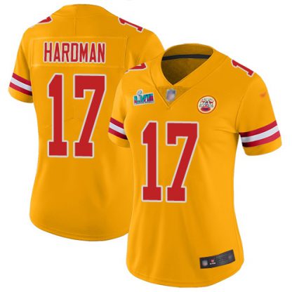 Nike Kansas City Chiefs #17 Mecole Hardman Gold Super Bowl LVII Patch Women's Stitched NFL Limited Inverted Legend Jersey