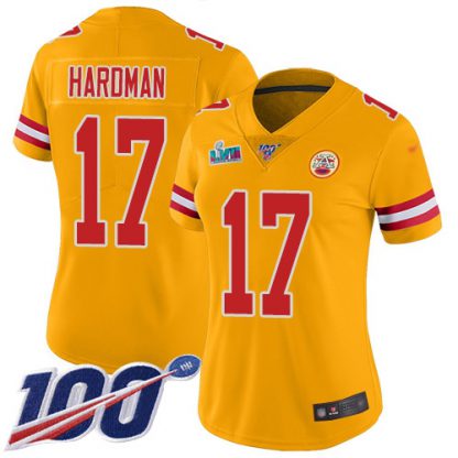 Nike Kansas City Chiefs #17 Mecole Hardman Gold Super Bowl LVII Patch Women's Stitched NFL Limited Inverted Legend 100th Season Jersey