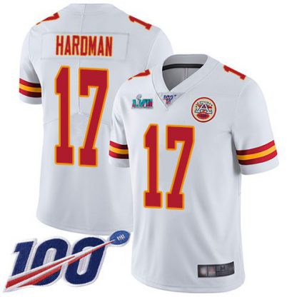 Nike Kansas City Chiefs #17 Mecole Hardman White Super Bowl LVII Patch Youth Stitched NFL 100th Season Vapor Limited Jersey