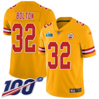 Nike Kansas City Chiefs #32 Nick Bolton Gold Super Bowl LVII Patch Youth Stitched NFL Limited Inverted Legend 100th Season Jersey