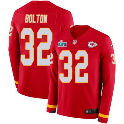 Nike Kansas City Chiefs #32 Nick Bolton Red Team Color Super Bowl LVII Patch Men's Stitched NFL Limited Therma Long Sleeve Jersey