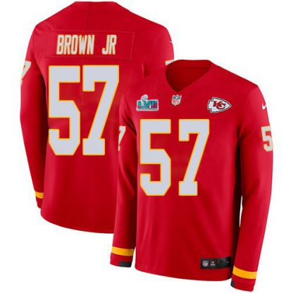 Nike Kansas City Chiefs #57 Orlando Brown Jr. Red Team Color Super Bowl LVII Patch Youth Stitched NFL Limited Therma Long Sleeve Jersey