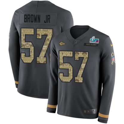 Nike Kansas City Chiefs #57 Orlando Brown Jr. Anthracite Super Bowl LVII Patch Salute to Service Men's Stitched NFL Limited Therma Long Sleeve Jersey