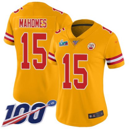 Nike Kansas City Chiefs #15 Patrick Mahomes Gold Super Bowl LVII Patch Women's Stitched NFL Limited Inverted Legend 100th Season Jersey