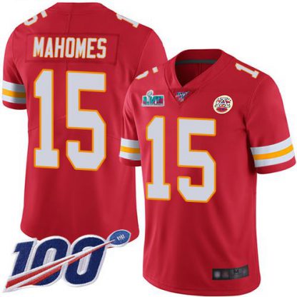 Nike Kansas City Chiefs #15 Patrick Mahomes Red Team Color Super Bowl LVII Patch Youth Stitched NFL 100th Season Vapor Limited Jersey