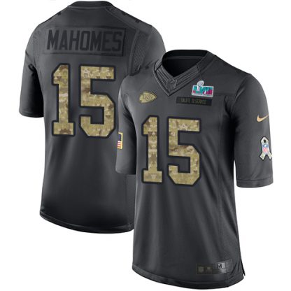 Nike Kansas City Chiefs #15 Patrick Mahomes Black Super Bowl LVII Patch Men's Stitched NFL Limited 2016 Salute to Service Jersey