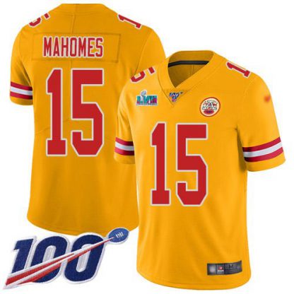 Nike Kansas City Chiefs #15 Patrick Mahomes Gold Super Bowl LVII Patch Men's Stitched NFL Limited Inverted Legend 100th Season Jersey