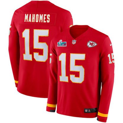 Nike Kansas City Chiefs #15 Patrick Mahomes Red Team Color Super Bowl LVII Patch Men's Stitched NFL Limited Therma Long Sleeve Jersey
