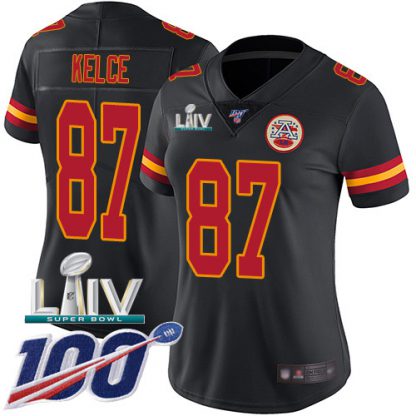 Nike Kansas City Chiefs #87 Travis Kelce Black Super Bowl LIV 2020 Women's Stitched NFL Limited Rush 100th Season Jersey