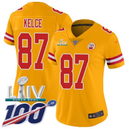 Nike Kansas City Chiefs #87 Travis Kelce Gold Super Bowl LIV 2020 Women's Stitched NFL Limited Inverted Legend 100th Season Jersey