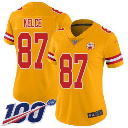 Nike Kansas City Chiefs #87 Travis Kelce Gold Women's Stitched NFL Limited Inverted Legend 100th Season Jersey